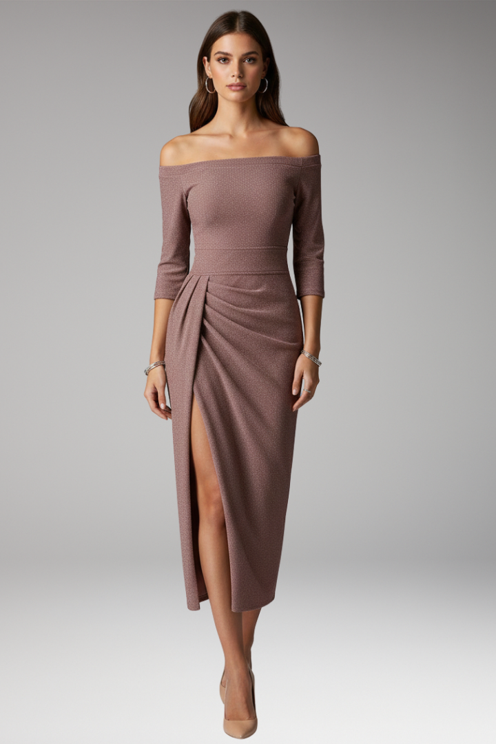 Women's Gala Dress with Off-Shoulder Neckline and Long Sleeves
