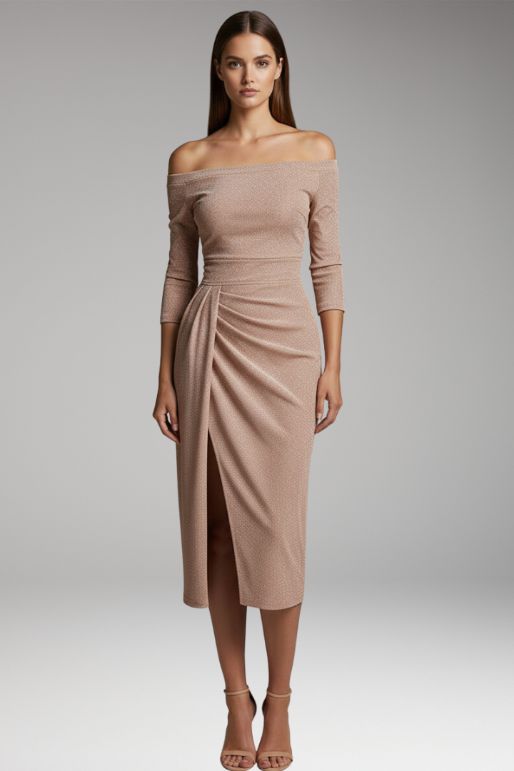 Women's Gala Dress with Off-Shoulder Neckline and Long Sleeves