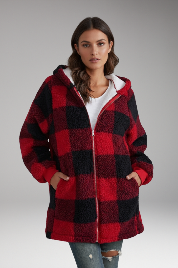 Women's Hooded Coat with Zip Front and Check Pattern