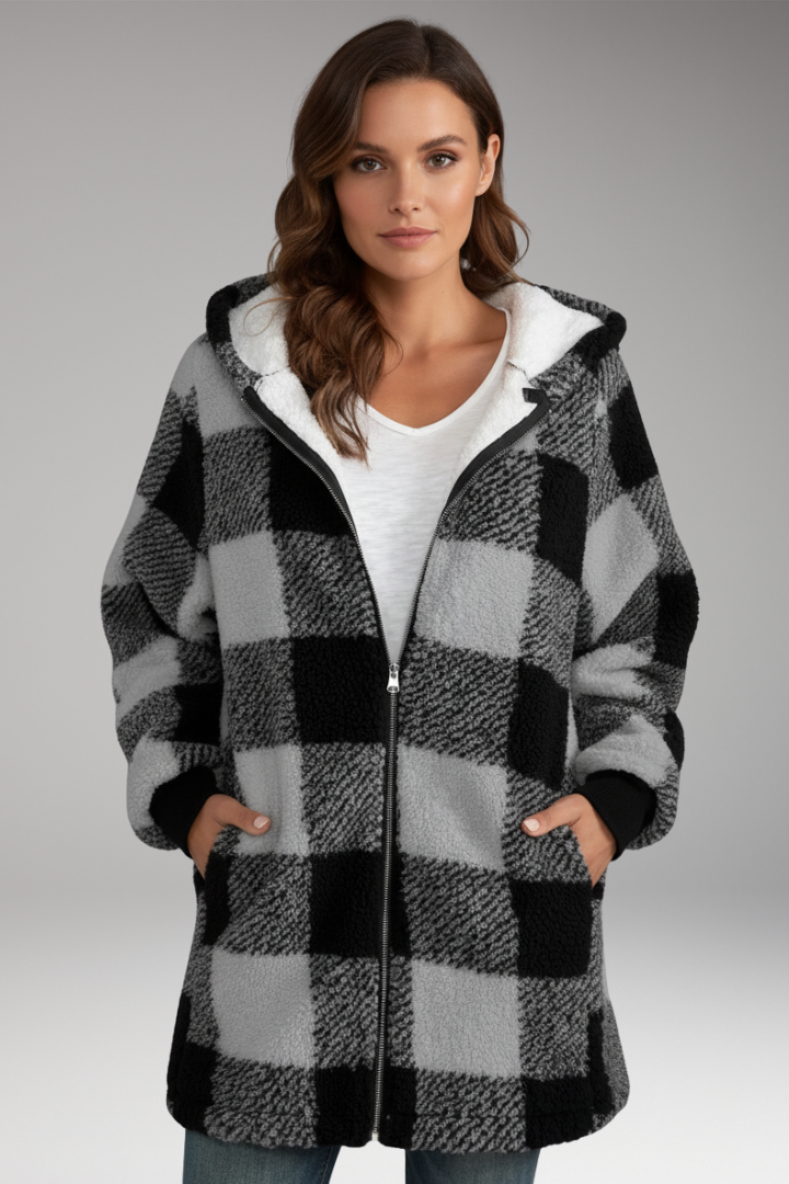 Women's Hooded Coat with Zip Front and Check Pattern