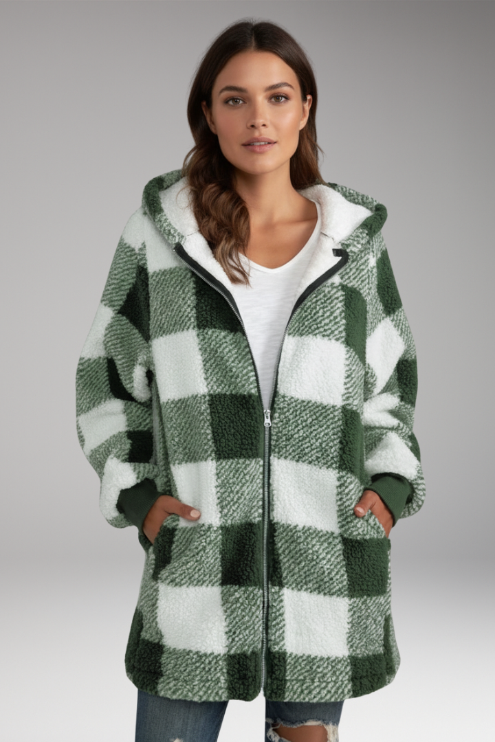 Women's Hooded Coat with Zip Front and Check Pattern