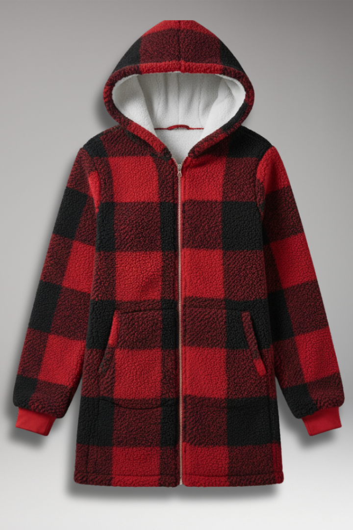 Women's Hooded Coat with Zip Front and Check Pattern