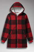 Women's Hooded Coat with Zip Front and Check Pattern