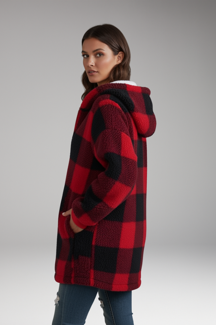 Women's Hooded Coat with Zip Front and Check Pattern