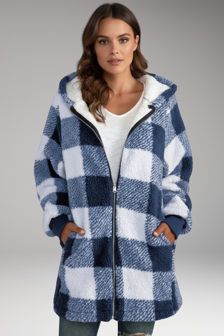Women's Hooded Coat with Zip Front and Check Pattern