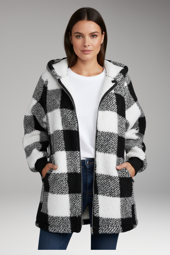 Women's Hooded Coat with Zip Front and Check Pattern