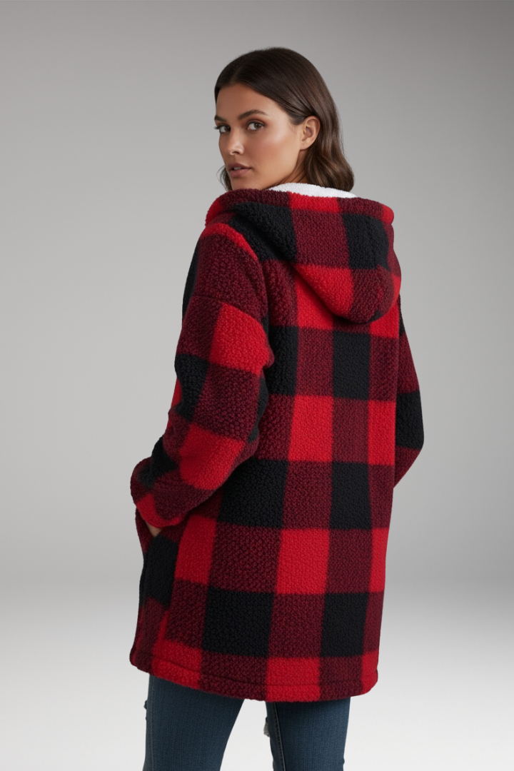 Women's Hooded Coat with Zip Front and Check Pattern