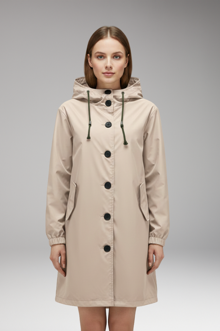 Women's Hooded Jacket with Drawstring Hood and Button Closure