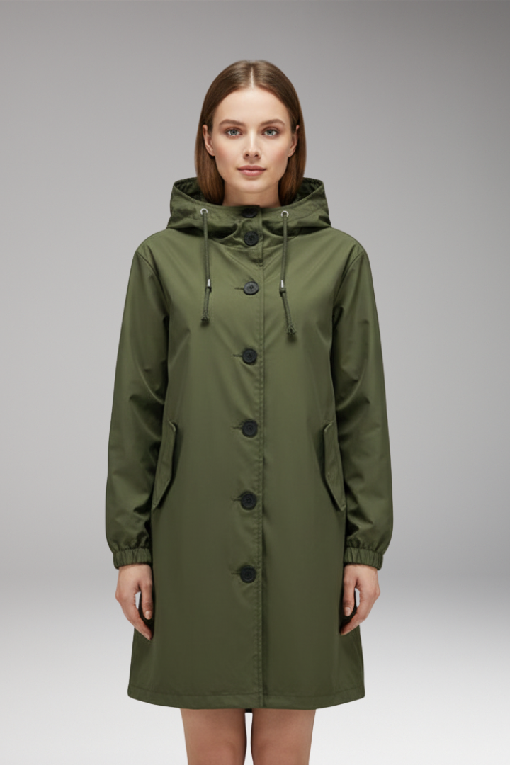 Women's Hooded Jacket with Drawstring Hood and Button Closure