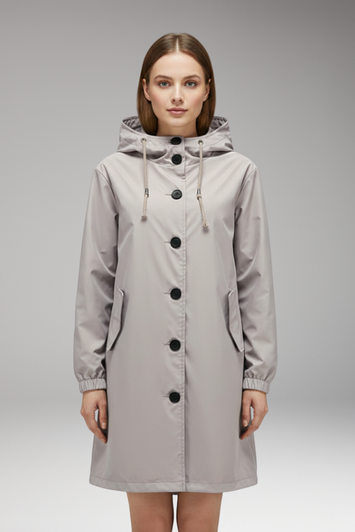 Women's Hooded Jacket with Drawstring Hood and Button Closure