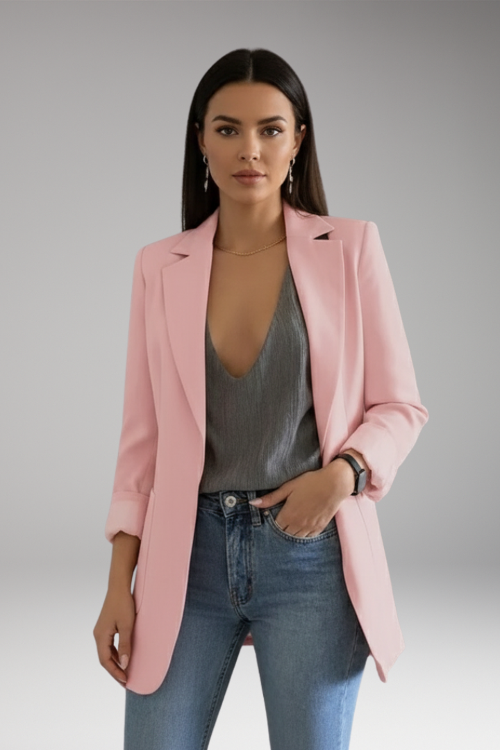 Women's Long Blazer with Open Front and Patch Pocket