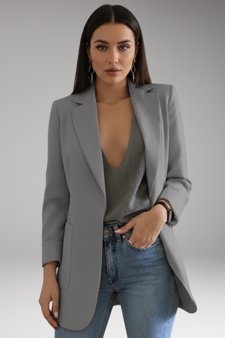 Women's Long Blazer with Open Front and Patch Pocket