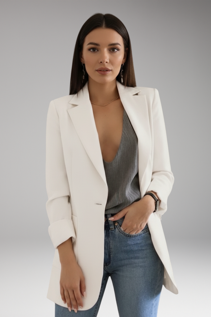 Women's Long Blazer with Open Front and Patch Pocket