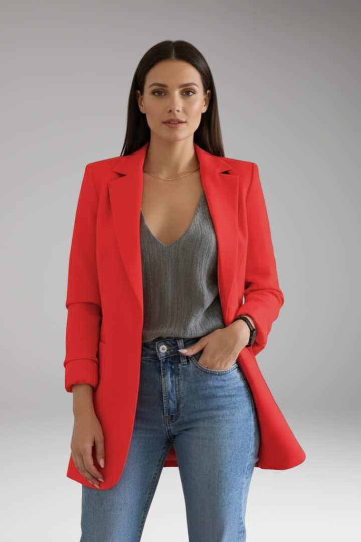 Women's Long Blazer with Open Front and Patch Pocket