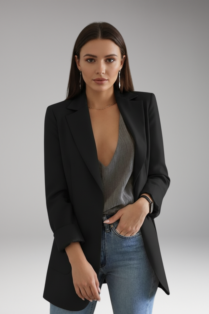 Women's Long Blazer with Open Front and Patch Pocket