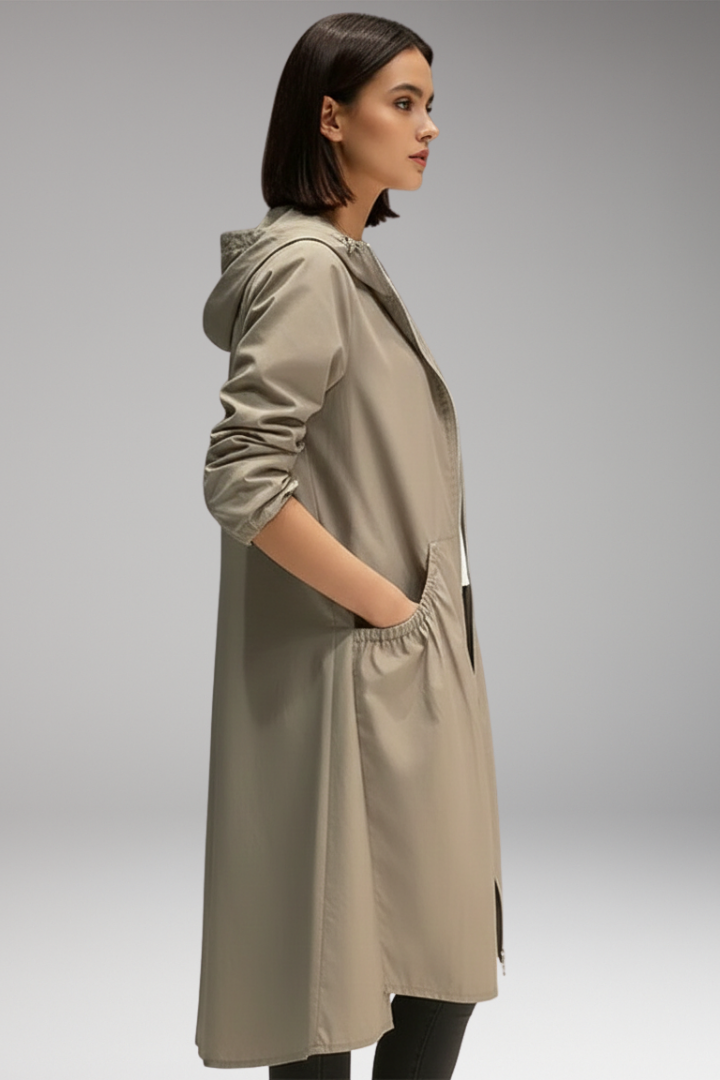 Women's Long Coat with Hood and Front Zipper