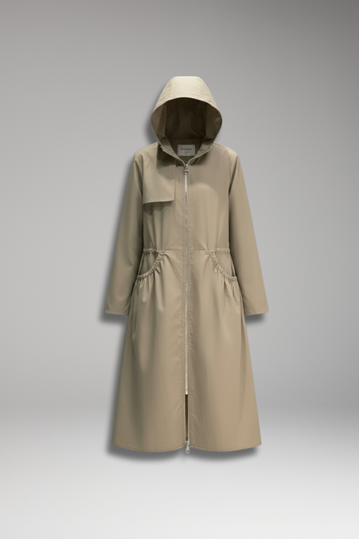 Women's Long Coat with Hood and Front Zipper