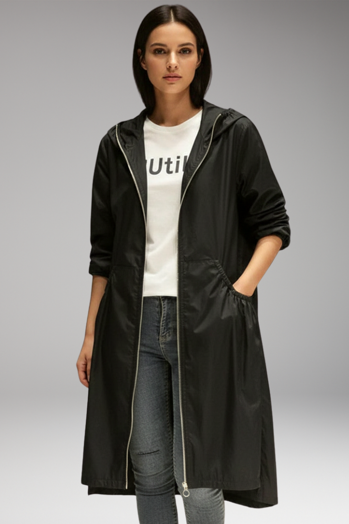 Women's Long Coat with Hood and Front Zipper