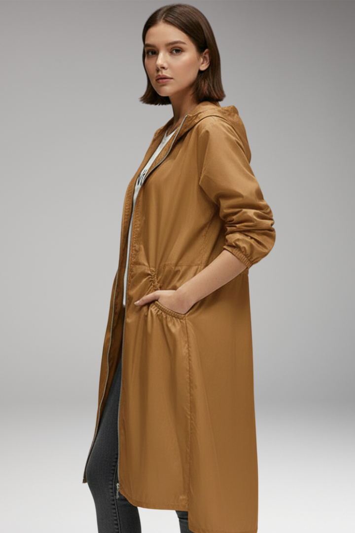 Women's Long Coat with Hood and Front Zipper