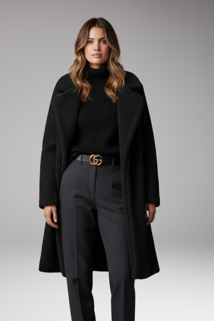Women's Long Coat with Lapel Collar and Textured Outer Surface