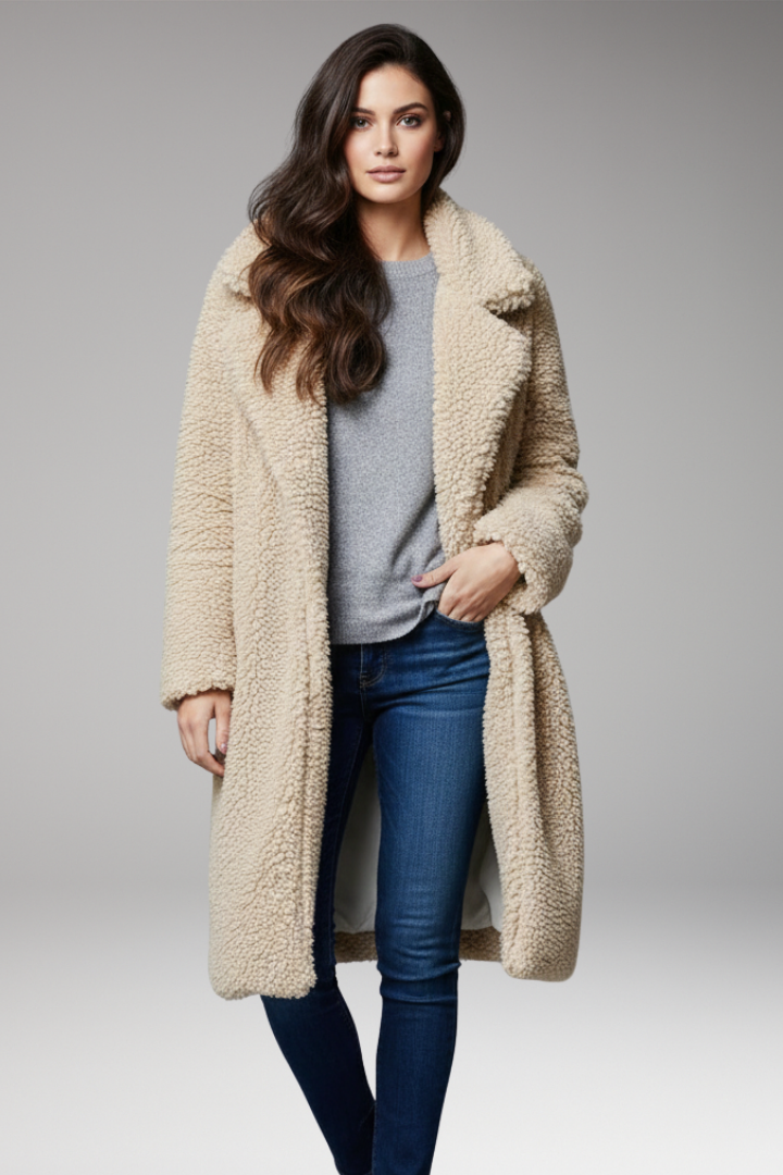 Women's Long Coat with Lapel Collar and Textured Outer Surface