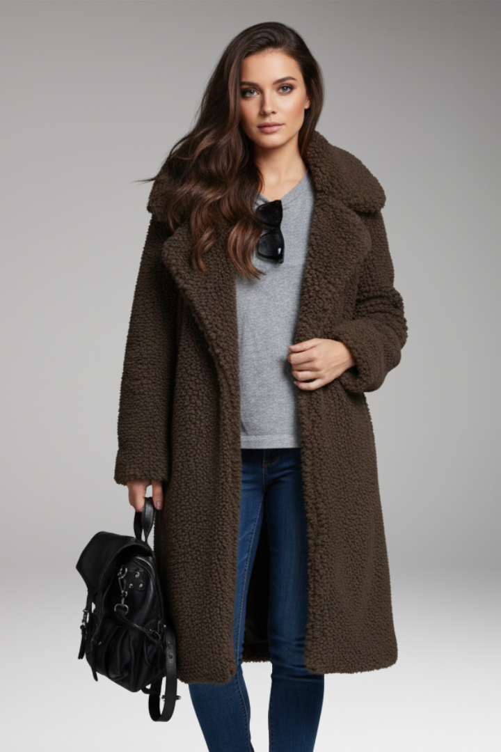 Women's Long Coat with Lapel Collar and Textured Outer Surface