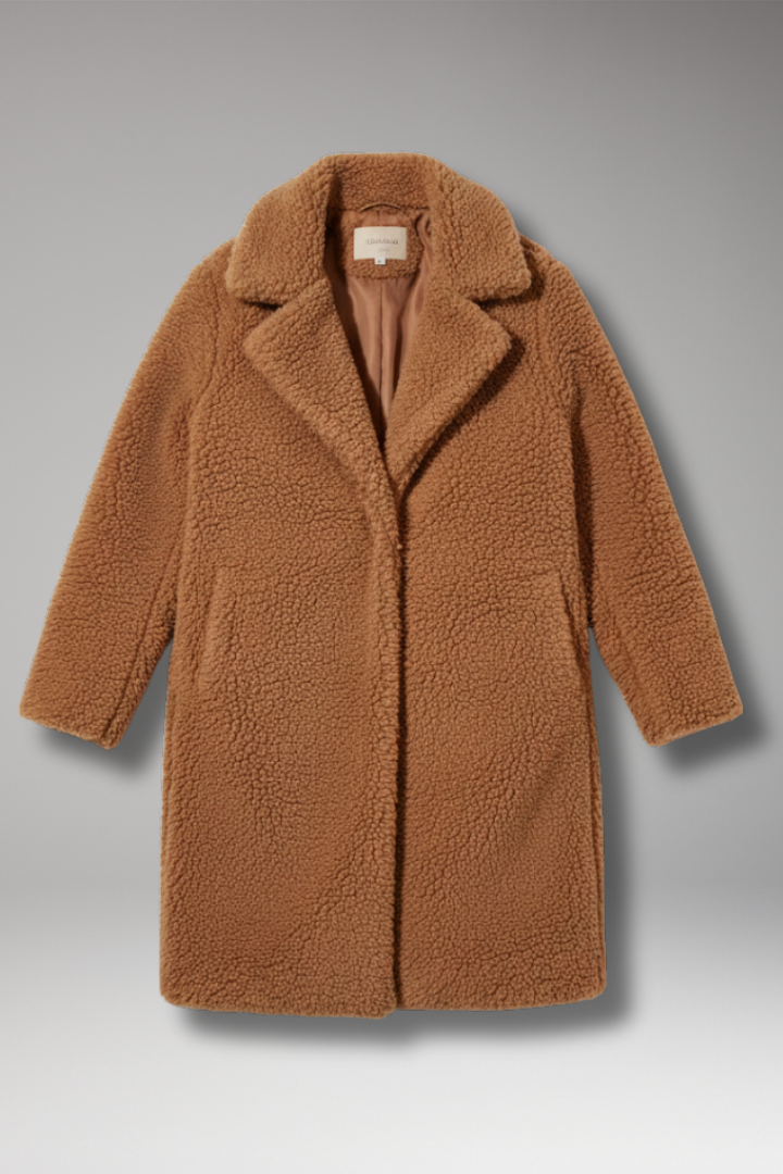 Women's Long Coat with Lapel Collar and Textured Outer Surface