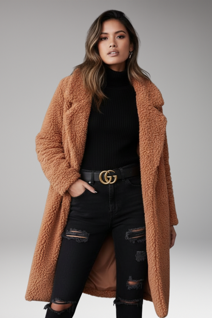 Women's Long Coat with Lapel Collar and Textured Outer Surface