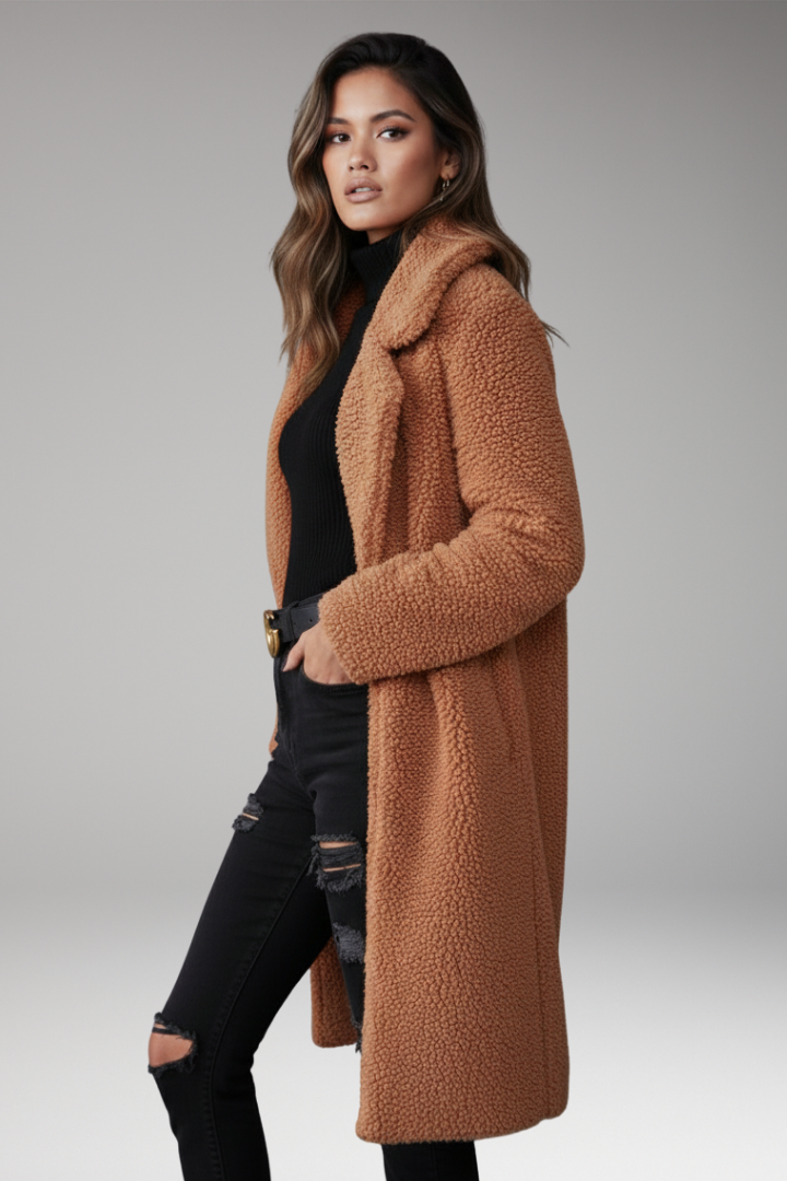 Women's Long Coat with Lapel Collar and Textured Outer Surface