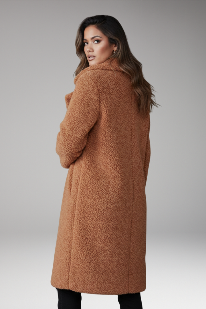 Women's Long Coat with Lapel Collar and Textured Outer Surface