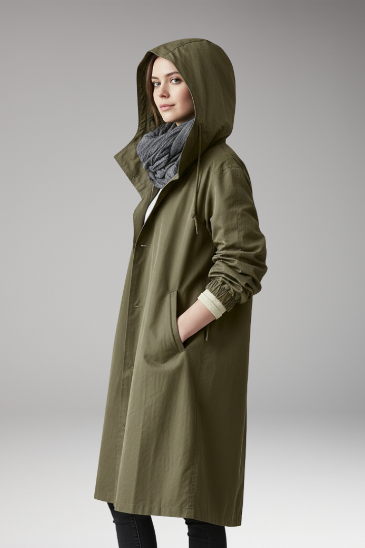 Women's Long Hooded Coat with Buttons