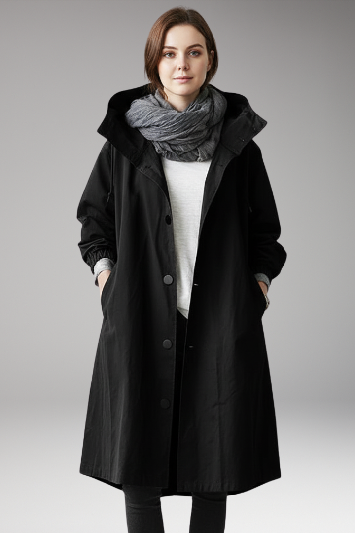 Women's Long Hooded Coat with Buttons
