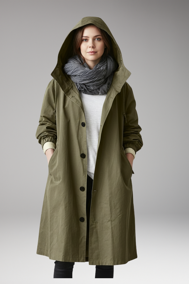 Women's Long Hooded Coat with Buttons