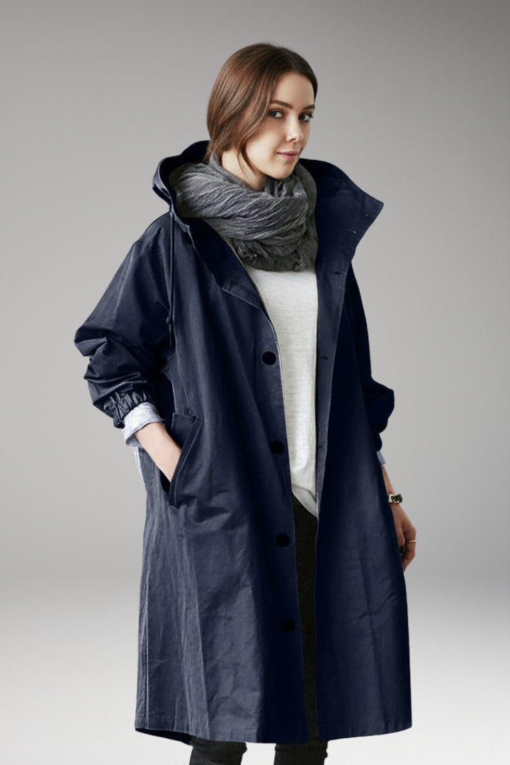 Women's Long Hooded Coat with Buttons
