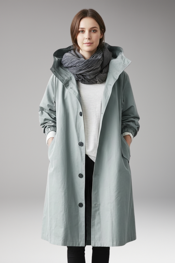 Women's Long Hooded Coat with Buttons