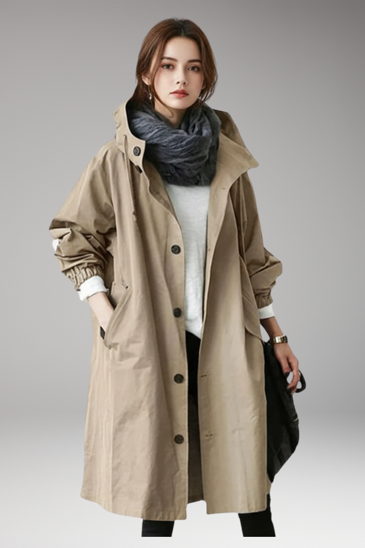 Women's Long Hooded Coat with Buttons