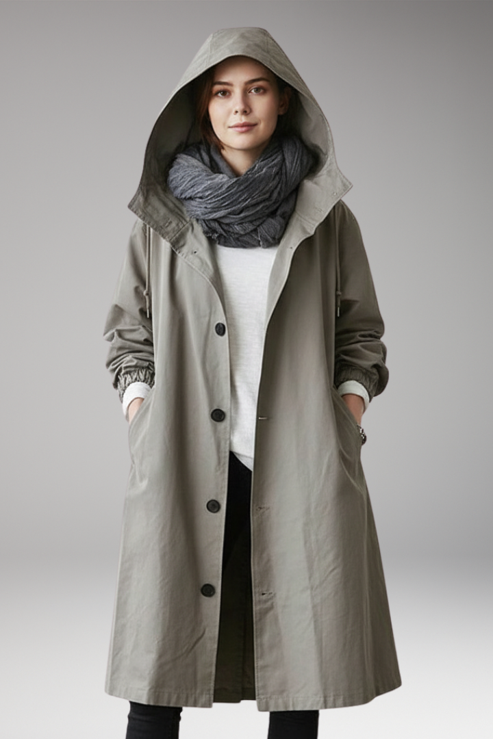 Women's Long Hooded Coat with Buttons