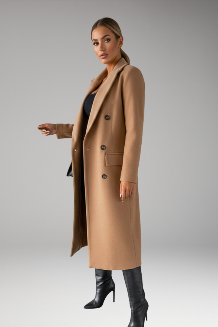 Women's Overcoat with Notched Lapel and Two-Row Button Front