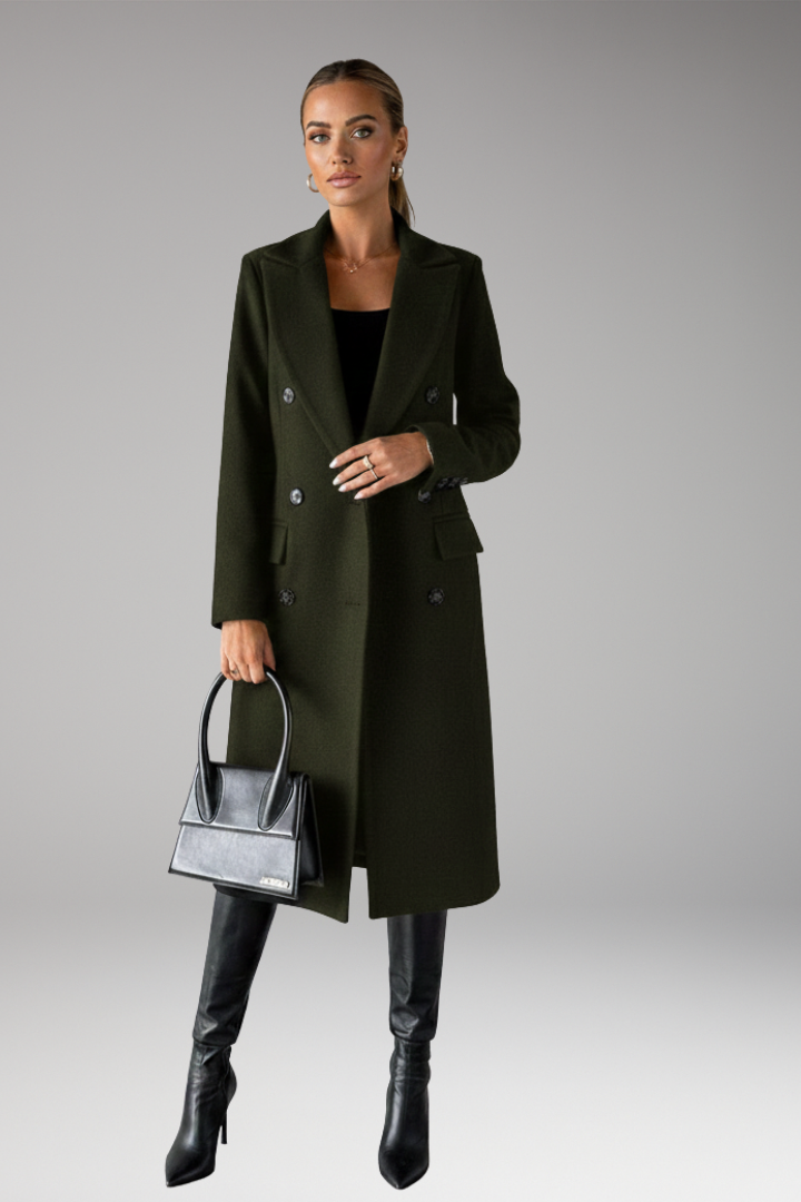 Women's Overcoat with Notched Lapel and Two-Row Button Front