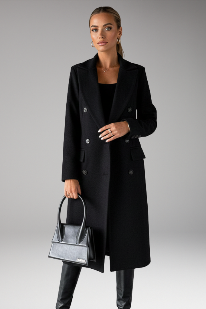 Women's Overcoat with Notched Lapel and Two-Row Button Front