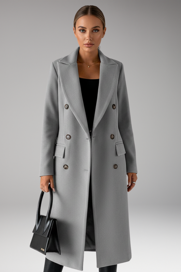 Women's Overcoat with Notched Lapel and Two-Row Button Front