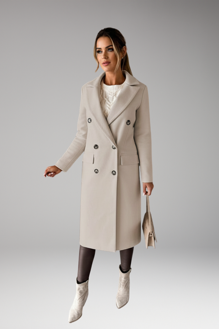 Women's Overcoat with Notched Lapel and Two-Row Button Front
