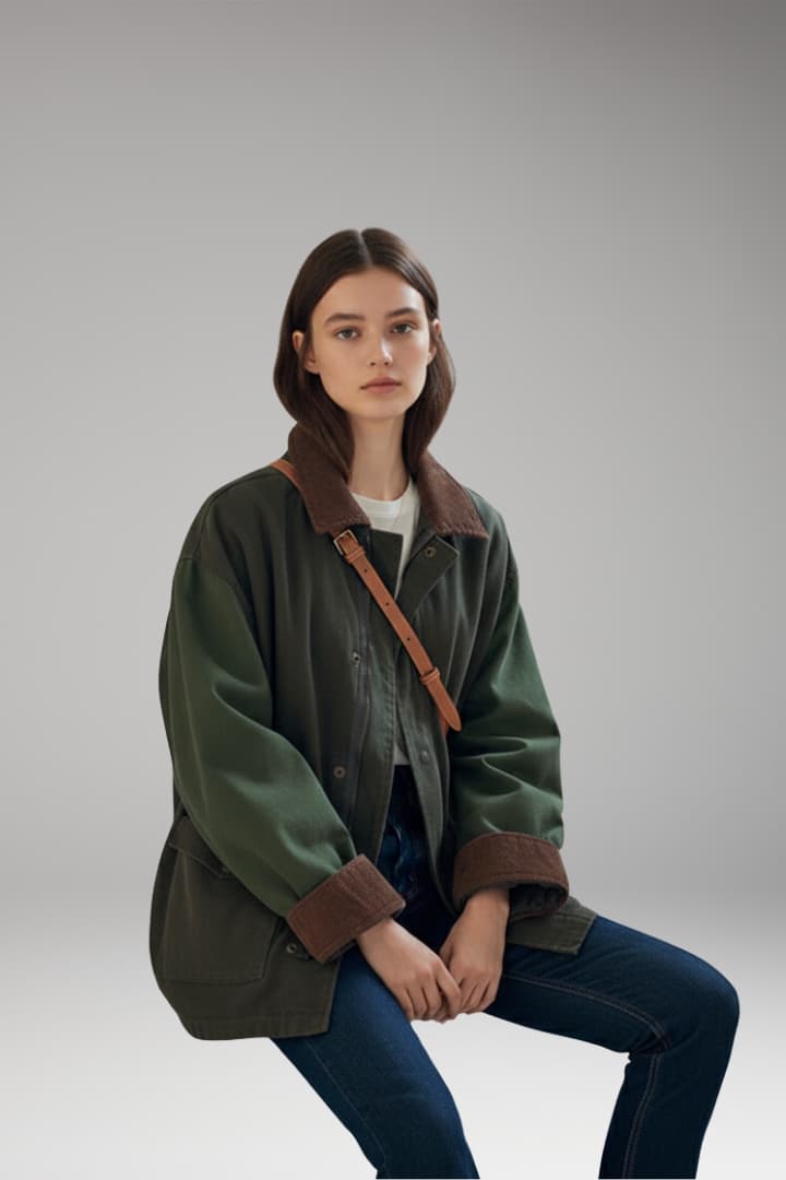 Women's Oversized Jacket with Button Closure and Contrast Collar