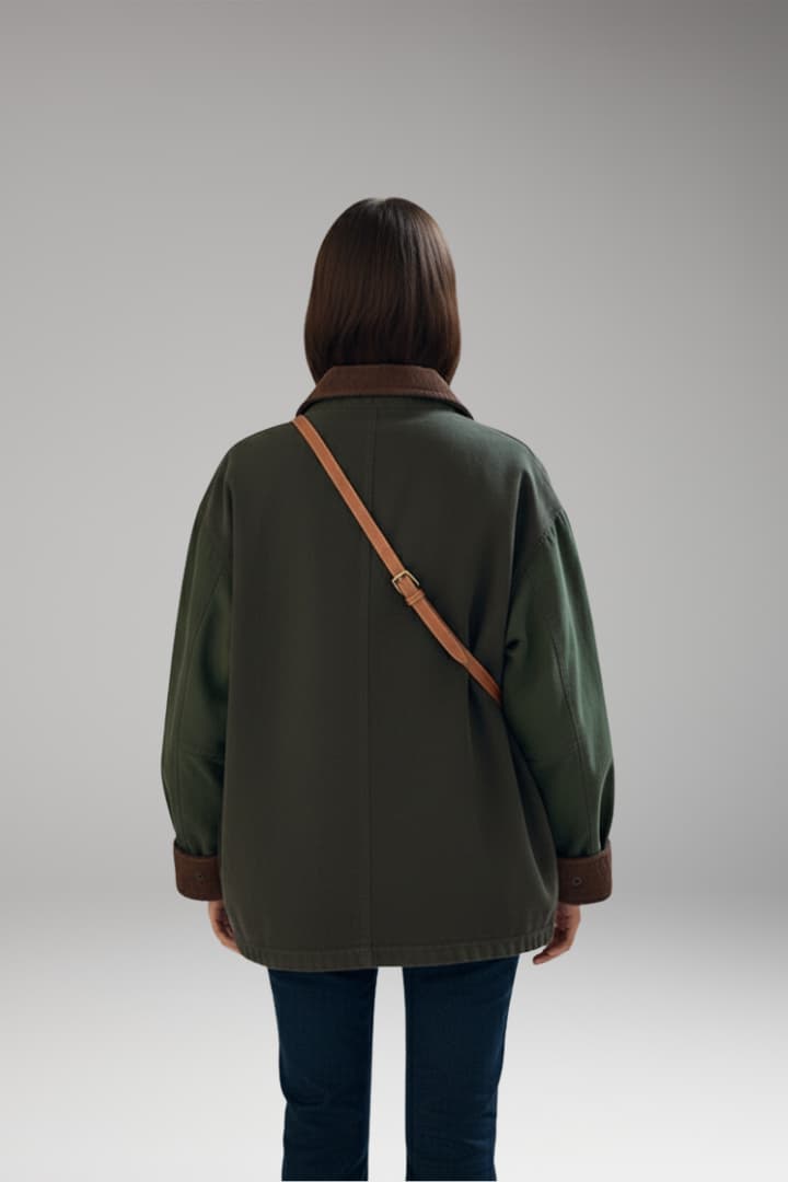 Women's Oversized Jacket with Button Closure and Contrast Collar