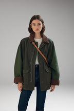 Women's Oversized Jacket with Button Closure and Contrast Collar