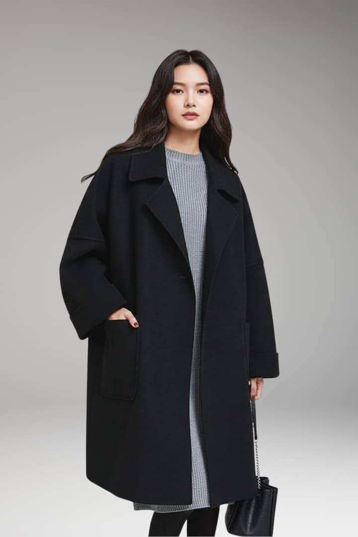 Women's Oversized Trench Coat with Lapel Collar and Front Pockets