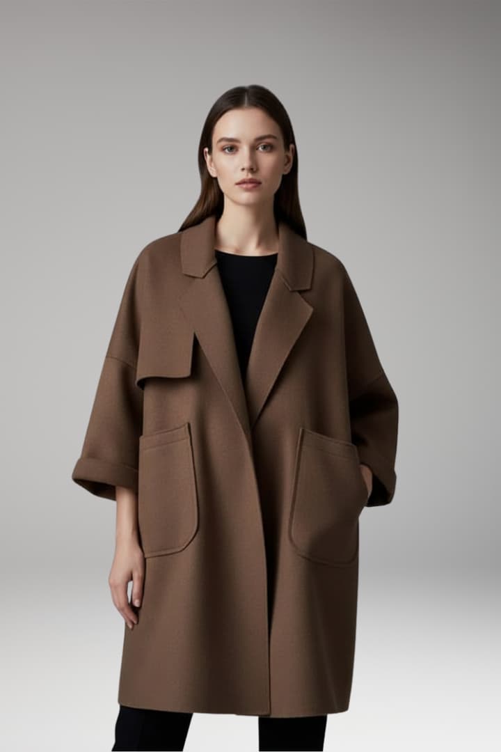 Women's Oversized Trench Coat with Lapel Collar and Front Pockets