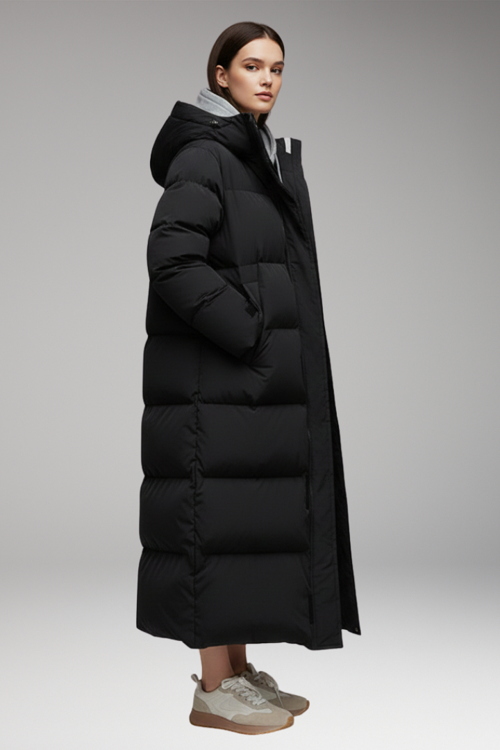 Women's Puffer Jacket with Hood and Raised Collar