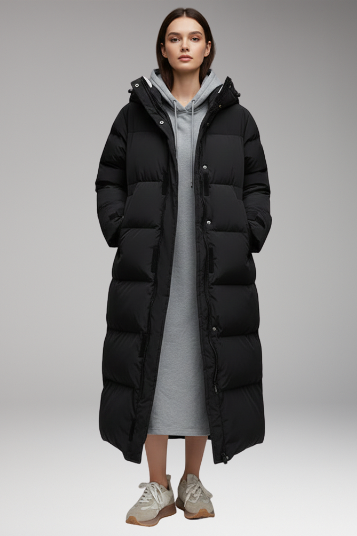 Women's Puffer Jacket with Hood and Raised Collar