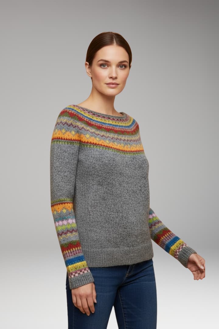 Women's Pullover Sweater with Crew Neck and Ribbed Surface